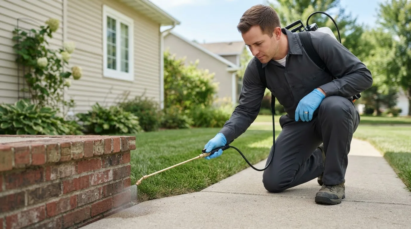 Pest control technician treating a home near Grissom Arb, IN