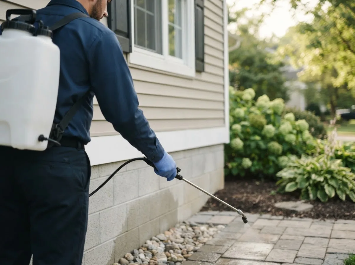 Pest control technician inspecting a home in Grissom Arb, IN